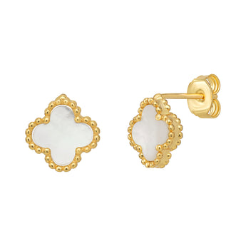 18ct Gold Plated 925 Sterling Silver Mother Of Pearl Clover Stud Earrings
