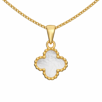 18ct Gold Plated 925 Sterling Silver Mother Of Pearl Clover Pendant Necklace On Fine 19ct Gold Plated 925 Sterling Silver Curb Chain