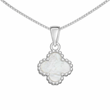 925 Sterling Silver Mother Of Pearl Clover Pendant Necklace on Fine Silver Curb Chain