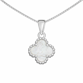 925 Sterling Silver Mother Of Pearl Clover Pendant Necklace on Fine Silver Curb Chain