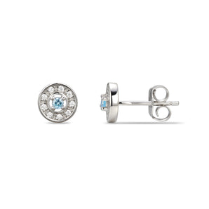 925 Sterling Silver Cubic Zirconia Stud Earrings Featuring an Aquamarine Blue Cubic Zirconia Centre Stone Representing The March Birthstone