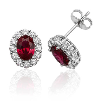 925 Sterling Silver Oval Halo Ruby CZ Stud Earrings