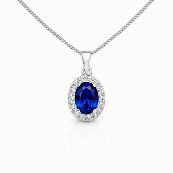 925 Sterling Silver Oval Sapphire CZ Halo Pendant Necklace