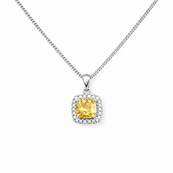 925 Sterling Silver Princess Cut Yellow Topaz CZ Pendant Necklace