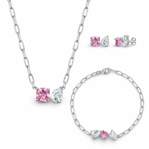 925 Sterling Silver Stud Jewellery Set in a classic Toi et Moi Design, featuring Pink and Clear Cubic Zirconia Stones