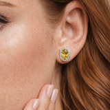 Urban Pizazz Model Wearing 925 Sterling Silver Yellow Topaz CZ Oval Halo Stud Earrings