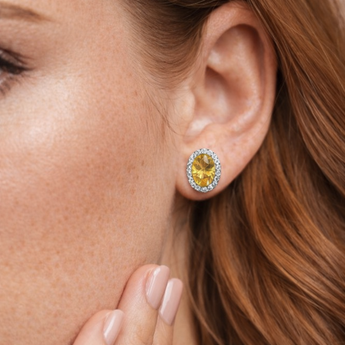 Urban Pizazz Model Wearing 925 Sterling Silver Yellow Topaz CZ Oval Halo Stud Earrings