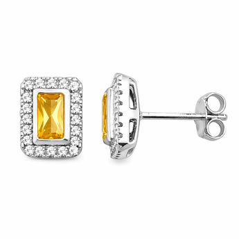 925 Sterling Silver Yellow Topaz CZ Rectangle Halo Stud Earrings