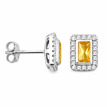 925 Sterling Silver Yellow Topaz CZ Rectangle Halo Stud Earrings