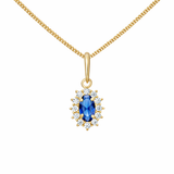 9ct Gold Sapphire Cubic Zirconia Oval Halo Pendant Necklace