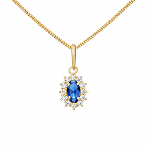 9ct Gold Sapphire Cubic Zirconia Oval Halo Pendant Necklace