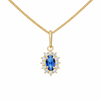 9ct Gold Sapphire Cubic Zirconia Oval Halo Pendant Necklace