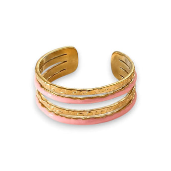 Amnesia Jewellery | Pink Enamel and Gold Plated Stainless Steel Abi Adjustable Cuff Ring. Our Abi Adjustable Multi-Layer Rings are made from gold plated stainless steel with a vibrant pink coloured enamel. Tarnish Free and Waterproof. Shop now for quality Jewellery/Jewelry!