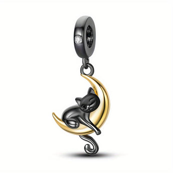 Black Cat and Moon Charm 925 Sterling Silver