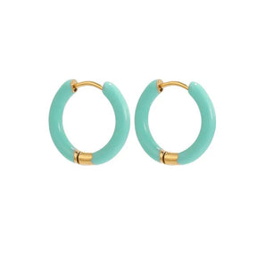Amnesia Jewellery | Turquoise Enamel Demi Hoop Earrings. Our Demi Hinged Hoop Earrings are made from gold plated stainless steel with a vibrant turquoise blue coloured enamel. Tarnish Free and Waterproof. Shop now for quality Jewellery/Jewelry!