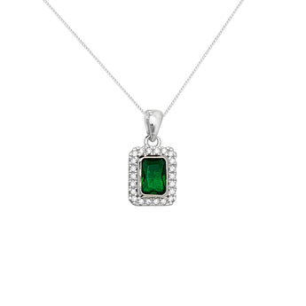 Emerald Cubic Zirconia Silver Rectangle Pendant Necklace