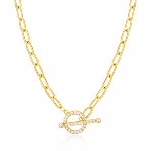 925 Sterling Silver, 18ct Gold Plated T-Bar Paperclip Necklace with Cubic Zirconia Details
