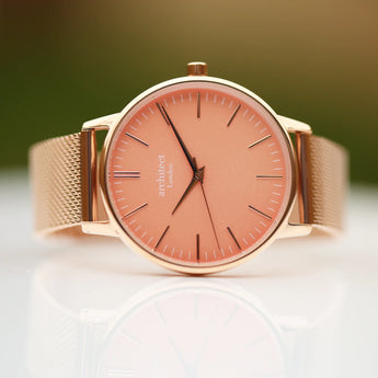 Ladies Handwriting Engraved Architēct Coral Watch - Rose Gold Mesh Strap