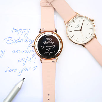 Ladies Handwriting Engraved Architect Blanc Watch - Light Pink Strap