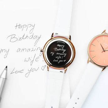 Ladies Handwriting Engraved Architect Coral Watch - White Strap