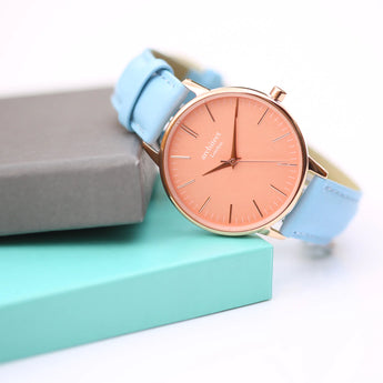 Ladies Modern Font Engraved Architect Coral Watch - Light Blue Strap