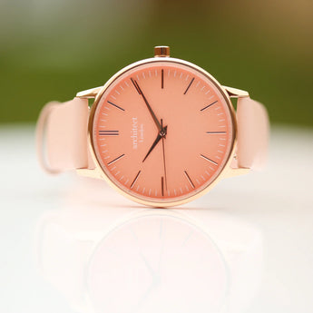 Ladies Modern Font Engraved Architect Coral Watch - Light Pink Strap