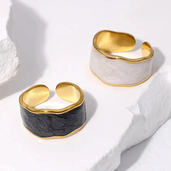 Amnesia Jewellery | Gold Plated Stainless Steel Layla Statement Ring. Our gold plated Layla Statement Ring with its unique bold design is perfect for wearing on its own or to stack up with other gold plated rings. Tarnish Free and Waterproof. Shop now for quality Jewellery/Jewelry!