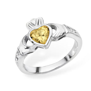 Shop the November birthstone Claddagh ring at Urban Pizazz UK. Featuring a heart-shaped yellow topaz cubic zirconia in sterling silver. Free UK delivery.