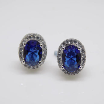 925 Sterling Silver Oval Halo Sapphire CZ Stud Earrings