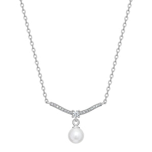 Pearl Drop and Cubic Zirconia Sterling Silver Bar Necklace