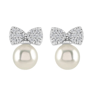 Pearl and Cubic Zirconia Silver Bow Earrings
