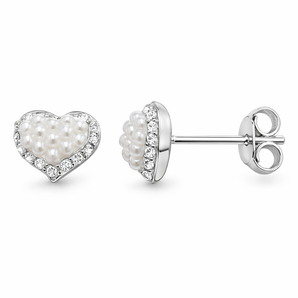 Pearl and Cubic Zirconia Sterling Silver Heart Stud Earrings