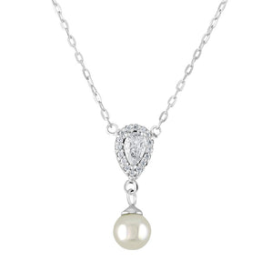 Sterling Silver Pearl and Cubic Zirconia Teardrop Necklace