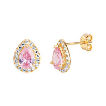 Pink Tourmaline CZ Sterling Silver Gold Plated Teardrop Stud Earrings