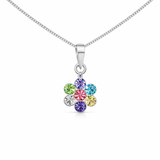 925 Sterling silver flower pendant necklace set with rainbow coloured cubic zirconia stones on a fine Silver Curb Chain.