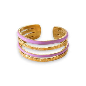 Amnesia Jewellery | Purple Enamel and Gold Plated Stainless Steel Sharna Adjustable Cuff Ring. Our Sharna Adjustable Multi-Layer Rings are made from gold plated stainless steel with a vibrant purple coloured enamel. Tarnish Free and Waterproof. Shop now for quality Jewellery/Jewelry!