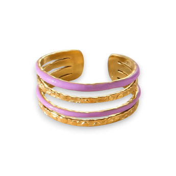 Amnesia Jewellery | Purple Enamel and Gold Plated Stainless Steel Sharna Adjustable Cuff Ring. Our Sharna Adjustable Multi-Layer Rings are made from gold plated stainless steel with a vibrant purple coloured enamel. Tarnish Free and Waterproof. Shop now for quality Jewellery/Jewelry!