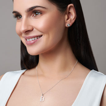 Urban Pizazz Model Wearing Our Sterling Silver CZ Initial Pendant Necklace B