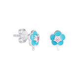 Sterling Silver Blue Enamel CZ Flower Stud Earrings