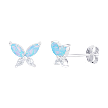 Sterling Silver & Blue Opal Butterfly Stud Earrings with Cubic Zirconia Details
