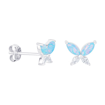 Sterling Silver & Blue Opal Butterfly Stud Earrings with Cubic Zirconia Details