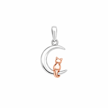 925 Sterling Silver and Rose Gold Two-tone Cat On Moon Pendant for Silver Necklaces