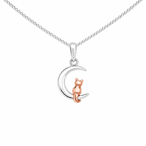 925 Sterling Silver and Rose Gold Two-tone Cat On Moon Pendant Necklace on Silver Curb Chain