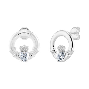 Sterling Silver April Birthstone Claddagh Earrings with Diamond Clear Cubic Zirconia Heart Centre