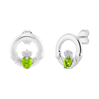 Sterling Silver August Birthstone Claddagh Earrings with Peridot Green Cubic Zirconia Heart Details