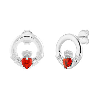 Sterling Silver July Birthstone Claddagh Earrings with Ruby Red Cubic Zirconia Heart Details