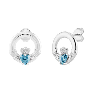 Sterling Silver March Birthstone Claddagh Earrings with Aquamaring Blue Cubic Zirconia Heart Centre Stone