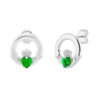 Sterling Silver May Birthstone Claddagh Earrings with Emerald Green Cubic Zirconia Heart Details