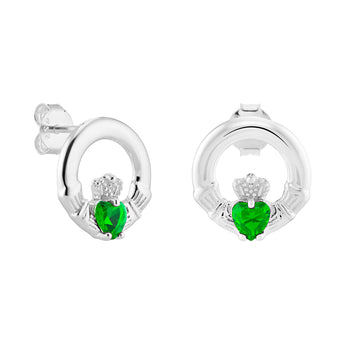 Sterling Silver May Birthstone Claddagh Earrings with Emerald Green Cubic Zirconia Heart Details