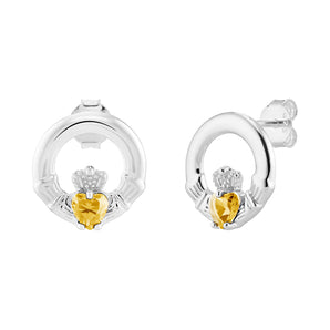 Sterling Silver November Birthstone Claddagh Earrings with Yellow Topaz Cubic Zirconia Heart Details